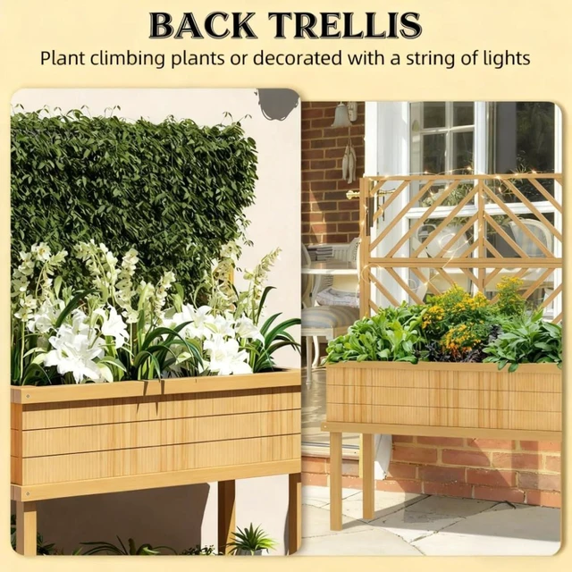 Alt view image 5 of 7 - Hassyee Elevated Wooden Planter Box with Trellis and Legs for Growing Flowers, Plants, Vegetables, Outdoor Raised Garden Bed with Drainage Holes and Bed Liner for Backyard, Lawn (Light Brown)