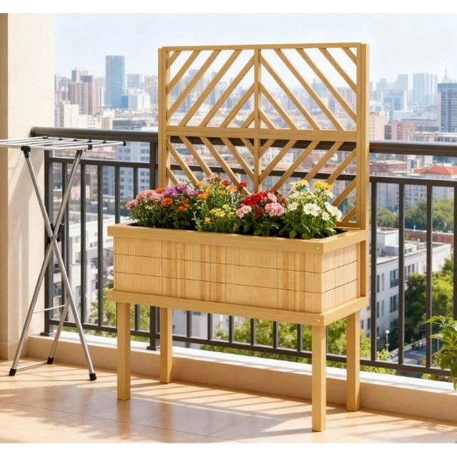 Alt view image 7 of 7 - Hassyee Elevated Wooden Planter Box with Trellis and Legs for Growing Flowers, Plants, Vegetables, Outdoor Raised Garden Bed with Drainage Holes and Bed Liner for Backyard, Lawn (Light Brown)
