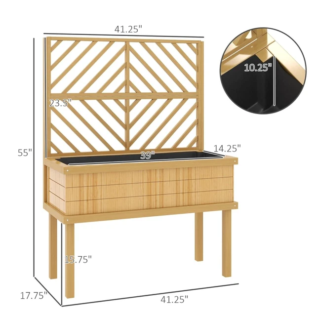 Alt view image 3 of 7 - Hassyee Elevated Wooden Planter Box with Trellis and Legs for Growing Flowers, Plants, Vegetables, Outdoor Raised Garden Bed with Drainage Holes and Bed Liner for Backyard, Lawn (Light Brown)