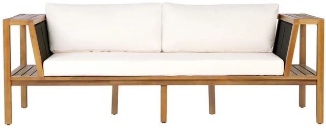 Alt view image 5 of 7 - Hassyee Premium Acacia Wood Outdoor Daybed w/Handwoven Rope Armrests for Backyard, Modern 2 Seater Garden Sofa w/Removable Cushions for Porch, Solid Wood Patio Couch for Balcony, Deck (Cream)