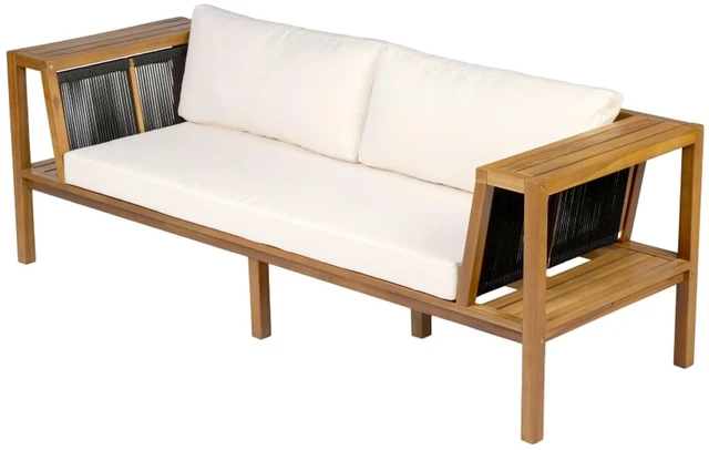 Alt view image 6 of 7 - Hassyee Premium Acacia Wood Outdoor Daybed w/Handwoven Rope Armrests for Backyard, Modern 2 Seater Garden Sofa w/Removable Cushions for Porch, Solid Wood Patio Couch for Balcony, Deck (Cream)