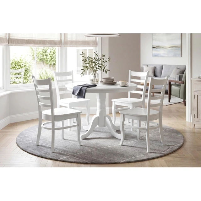 Alt view image 2 of 7 - Hassyee 5-Piece Dinner Table Set with Round Table and 4 Ladder Back Chairs for Home Bar Cafe, Farmhouse Kitchen Table Set with Cross Shape Pedestal Base for Family Gathering