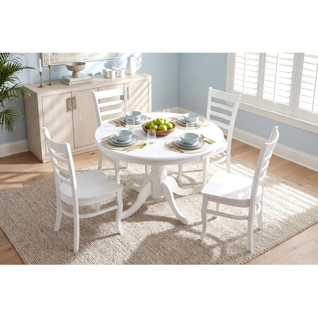 Alt view image 3 of 7 - Hassyee 5-Piece Dinner Table Set with Round Table and 4 Ladder Back Chairs for Home Bar Cafe, Farmhouse Kitchen Table Set with Cross Shape Pedestal Base for Family Gathering