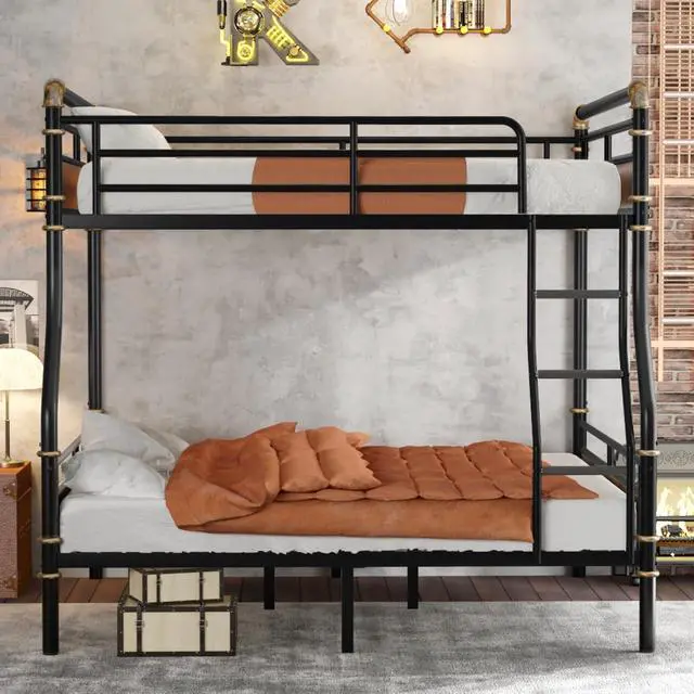 Alt view image 2 of 7 - Hassyee Metal Bunk Bed with Ladder and Safety Guardrail, Detachable Dorm Bed with Under-Bed Storage Space and Slats Support for Teens Master Bedroom Guest Room Apartment (Black Full XL Over Queen)