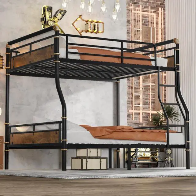 Alt view image 3 of 7 - Hassyee Metal Bunk Bed with Ladder and Safety Guardrail, Detachable Dorm Bed with Under-Bed Storage Space and Slats Support for Teens Master Bedroom Guest Room Apartment (Black Full XL Over Queen)