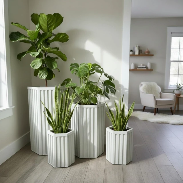 Alt view image 3 of 6 - Hassyee Hexagon Column Planter with Internal Tray for Growing Flowers, Plants, Herbs, Outdoor White Flower Pot with Wood-Tone Powder-Coat Finish for Backyard, Porch, Patio