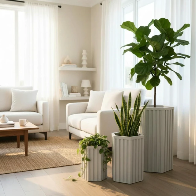 Alt view image 4 of 6 - Hassyee Hexagon Column Planter with Internal Tray for Growing Flowers, Plants, Herbs, Outdoor White Flower Pot with Wood-Tone Powder-Coat Finish for Backyard, Porch, Patio