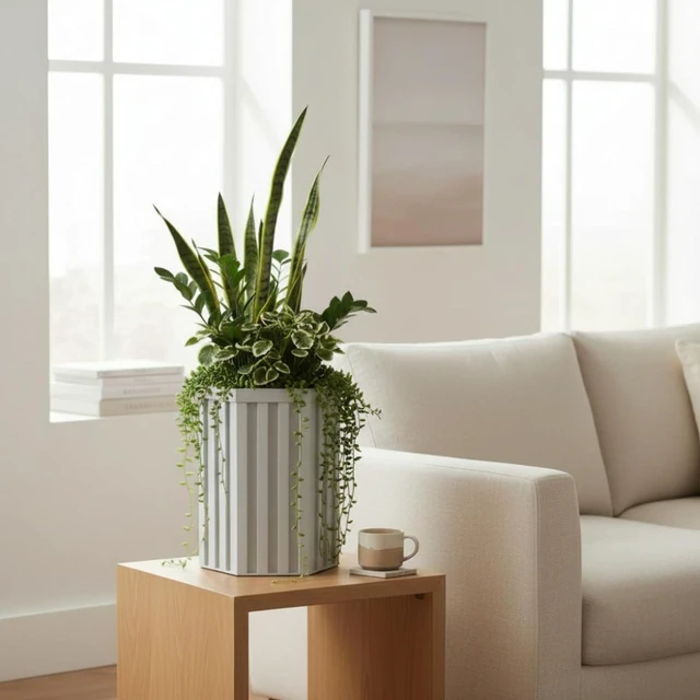 Main image of Hassyee Hexagon Column Planter with Internal Tray for Growing Flowers, Plants, Herbs, Outdoor White Flower Pot with Wood-Tone Powder-Coat Finish for Backyard, Porch, Patio