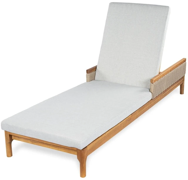 Alt view image 3 of 7 - Durable Acacia Wood Patio Chaise Lounge w/Removable Cushion for Poolside, Solid Wood Outdoor Sunbed Lounge Chair w/Adjustable Backrest & PE Wicker Accents for Porch, Deck, Balcony (Light Grey)