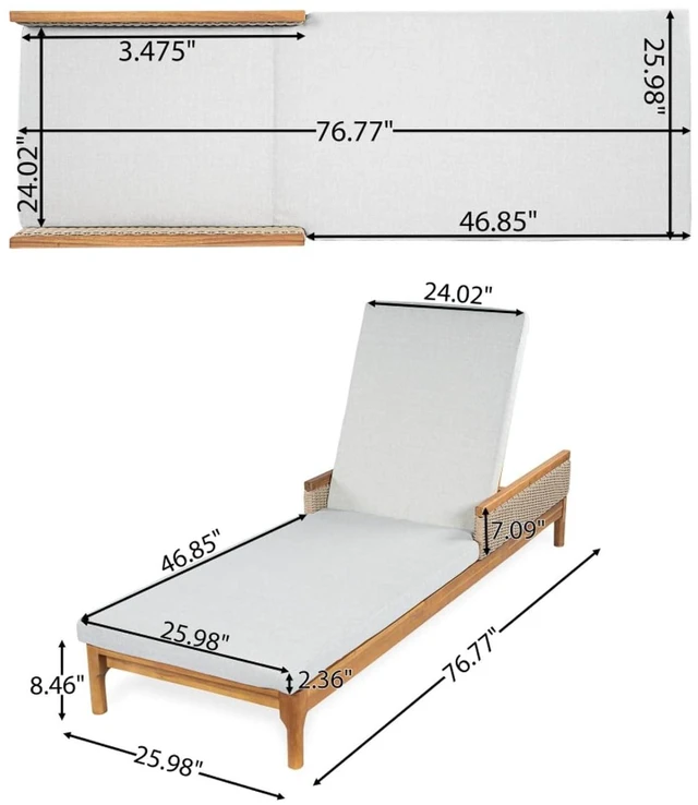 Alt view image 2 of 7 - Durable Acacia Wood Patio Chaise Lounge w/Removable Cushion for Poolside, Solid Wood Outdoor Sunbed Lounge Chair w/Adjustable Backrest & PE Wicker Accents for Porch, Deck, Balcony (Light Grey)