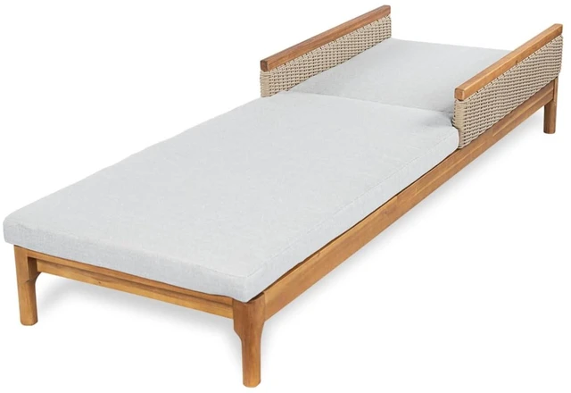 Alt view image 5 of 7 - Durable Acacia Wood Patio Chaise Lounge w/Removable Cushion for Poolside, Solid Wood Outdoor Sunbed Lounge Chair w/Adjustable Backrest & PE Wicker Accents for Porch, Deck, Balcony (Light Grey)
