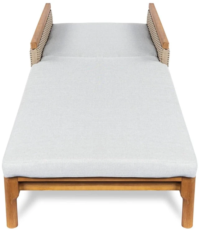Alt view image 6 of 7 - Durable Acacia Wood Patio Chaise Lounge w/Removable Cushion for Poolside, Solid Wood Outdoor Sunbed Lounge Chair w/Adjustable Backrest & PE Wicker Accents for Porch, Deck, Balcony (Light Grey)