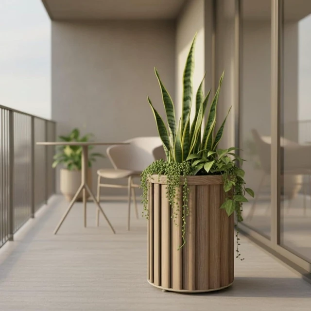 Main image of Hassyee Round Strata Column Planter with Internal Tray and Wood-Like Look for Growing Flowers, Plants, Outdoor Aluminium Flower Pot with Pre-Cut Drainage Opening for Lawn, Garden