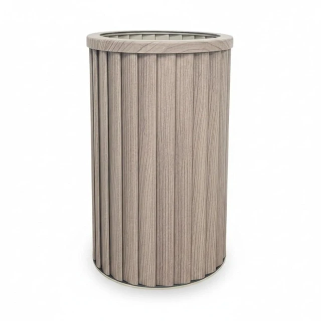 Alt view image 2 of 7 - Hassyee Round Strata Column Planter with Internal Tray and Wood-Like Look for Growing Flowers, Plants, Outdoor Aluminium Flower Pot with Pre-Cut Drainage Opening for Lawn, Garden