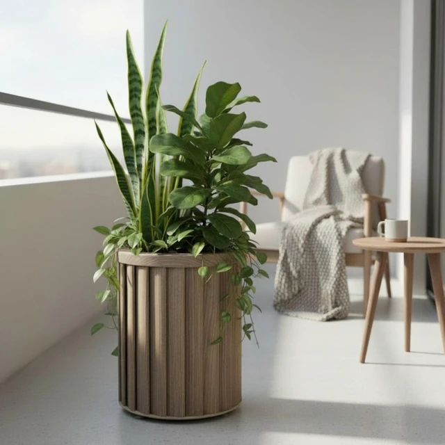 Alt view image 6 of 7 - Hassyee Round Strata Column Planter with Internal Tray and Wood-Like Look for Growing Flowers, Plants, Outdoor Aluminium Flower Pot with Pre-Cut Drainage Opening for Lawn, Garden
