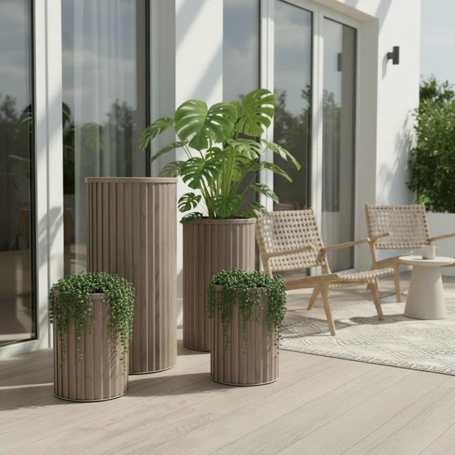 Alt view image 7 of 7 - Hassyee Round Strata Column Planter with Internal Tray and Wood-Like Look for Growing Flowers, Plants, Outdoor Aluminium Flower Pot with Pre-Cut Drainage Opening for Lawn, Garden