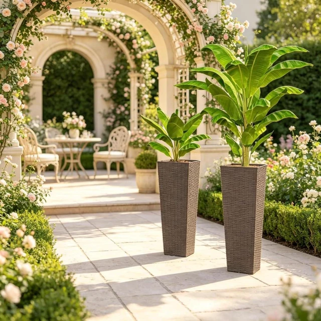 Main image of Hassyee 2 Pieces Tall Square Planter Set with Drainage Holes for Growing Flowers, Plants, Outdoor Plastic Flower Pots with Stackable Design and Rattan-Look Surface for Lawn, Porch