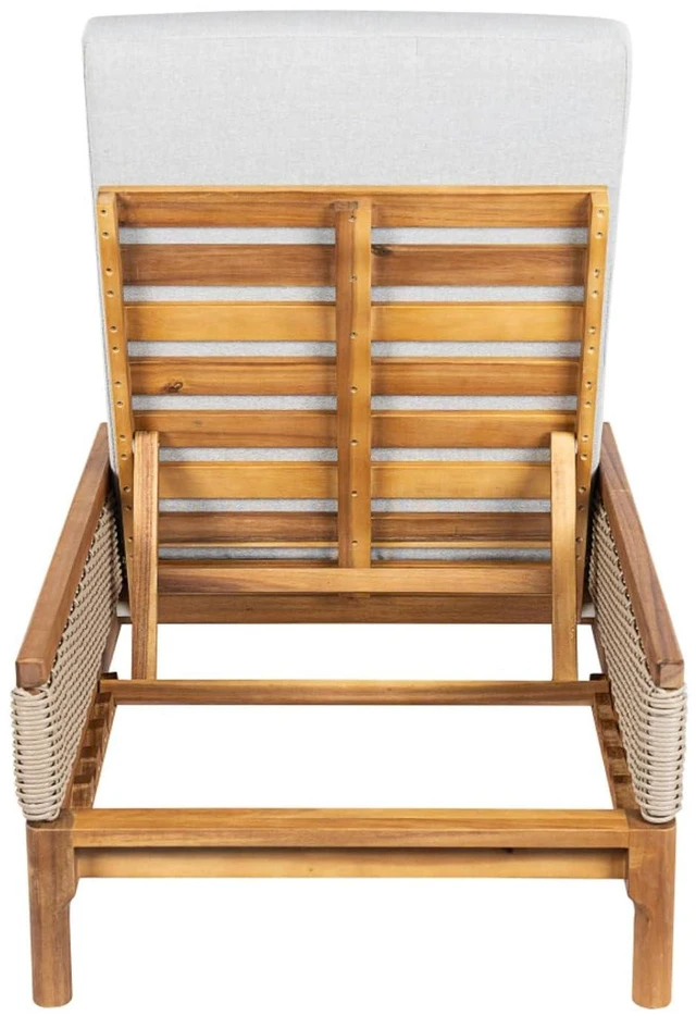 Alt view image 7 of 7 - Durable Acacia Wood Patio Chaise Lounge w/Removable Cushion for Poolside, Solid Wood Outdoor Sunbed Lounge Chair w/Adjustable Backrest & PE Wicker Accents for Porch, Deck, Balcony (Light Grey)