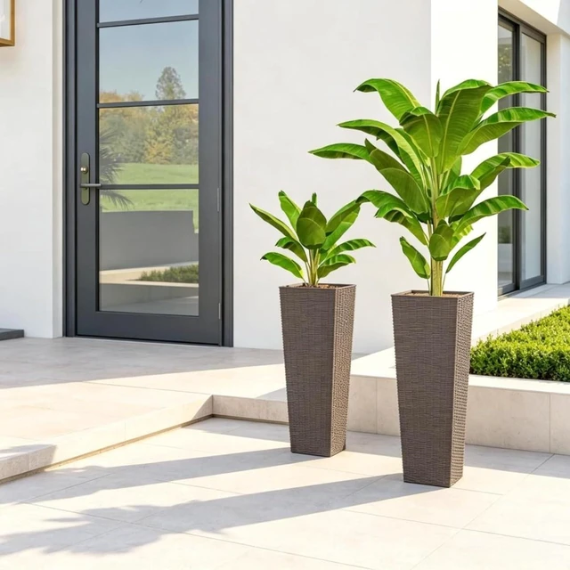 Alt view image 3 of 7 - Hassyee 2 Pieces Tall Square Planter Set with Drainage Holes for Growing Flowers, Plants, Outdoor Plastic Flower Pots with Stackable Design and Rattan-Look Surface for Lawn, Porch