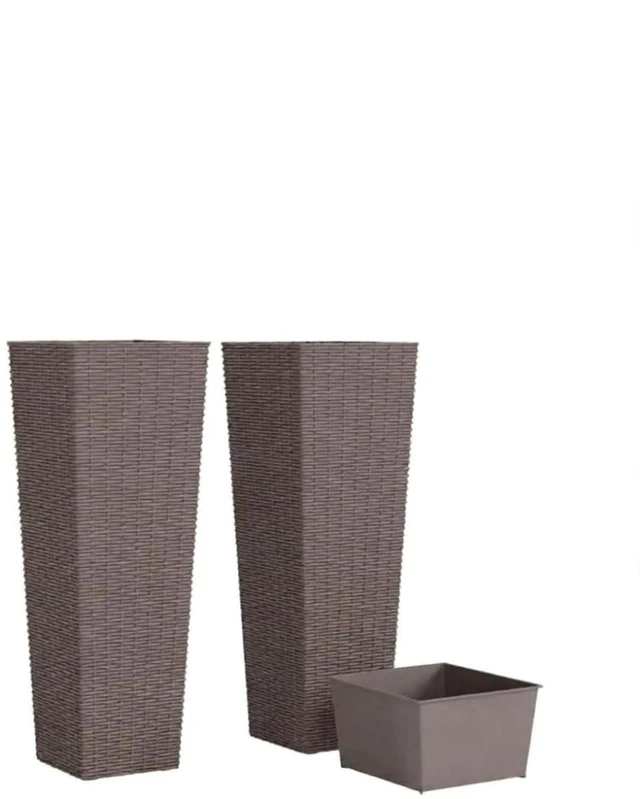 Alt view image 7 of 7 - Hassyee 2 Pieces Tall Square Planter Set with Drainage Holes for Growing Flowers, Plants, Outdoor Plastic Flower Pots with Stackable Design and Rattan-Look Surface for Lawn, Porch