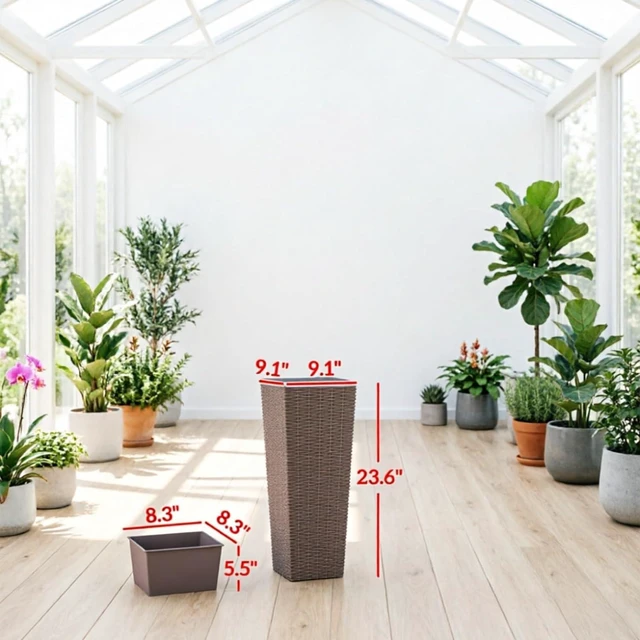 Alt view image 6 of 7 - Hassyee 2 Pieces Tall Square Planter Set with Drainage Holes for Growing Flowers, Plants, Outdoor Plastic Flower Pots with Stackable Design and Rattan-Look Surface for Lawn, Porch