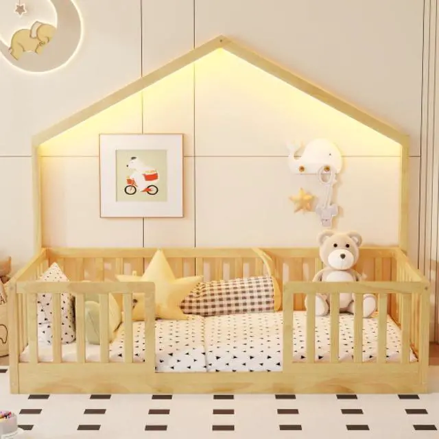 Alt view image 2 of 7 - Hassyee Twin/Full Size Wooden Montessori Bed with LED Light and Safety Guardrail, House Floor Bed with Slats Support for Boys Girls Nursery Bedroom Playroom, No Box Spring Needed (Natural Twin)
