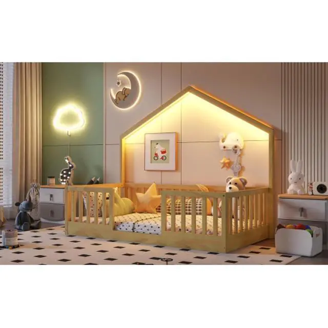 Alt view image 4 of 7 - Hassyee Twin/Full Size Wooden Montessori Bed with LED Light and Safety Guardrail, House Floor Bed with Slats Support for Boys Girls Nursery Bedroom Playroom, No Box Spring Needed (Natural Twin)