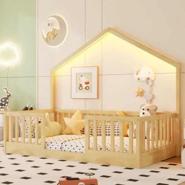 Main image of Hassyee Twin/Full Size Wooden Montessori Bed with LED Light and Safety Guardrail, House Floor Bed with Slats Support for Boys Girls Nursery Bedroom Playroom, No Box Spring Needed (Natural Twin)