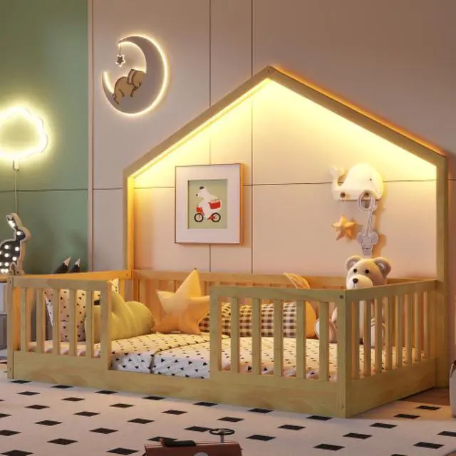 Alt view image 3 of 7 - Hassyee Twin/Full Size Wooden Montessori Bed with LED Light and Safety Guardrail, House Floor Bed with Slats Support for Boys Girls Nursery Bedroom Playroom, No Box Spring Needed (Natural Twin)