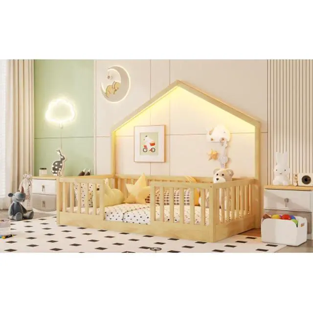 Alt view image 6 of 7 - Hassyee Twin/Full Size Wooden Montessori Bed with LED Light and Safety Guardrail, House Floor Bed with Slats Support for Boys Girls Nursery Bedroom Playroom, No Box Spring Needed (Natural Twin)