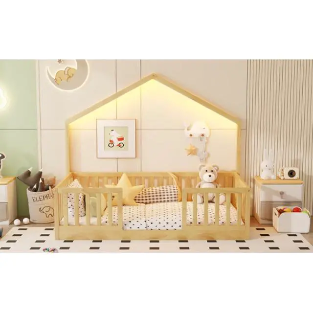 Alt view image 5 of 7 - Hassyee Twin/Full Size Wooden Montessori Bed with LED Light and Safety Guardrail, House Floor Bed with Slats Support for Boys Girls Nursery Bedroom Playroom, No Box Spring Needed (Natural Twin)