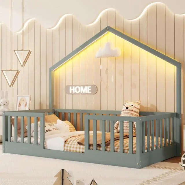 Main image of Hassyee Twin/Full Size Wooden Montessori Bed with LED Light and Safety Guardrail, House Floor Bed with Slats Support for Boys Girls Nursery Bedroom Playroom, No Box Spring Needed (Grey Twin)