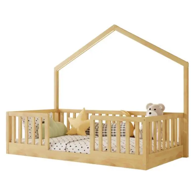 Alt view image 7 of 7 - Hassyee Twin/Full Size Wooden Montessori Bed with LED Light and Safety Guardrail, House Floor Bed with Slats Support for Boys Girls Nursery Bedroom Playroom, No Box Spring Needed (Natural Twin)