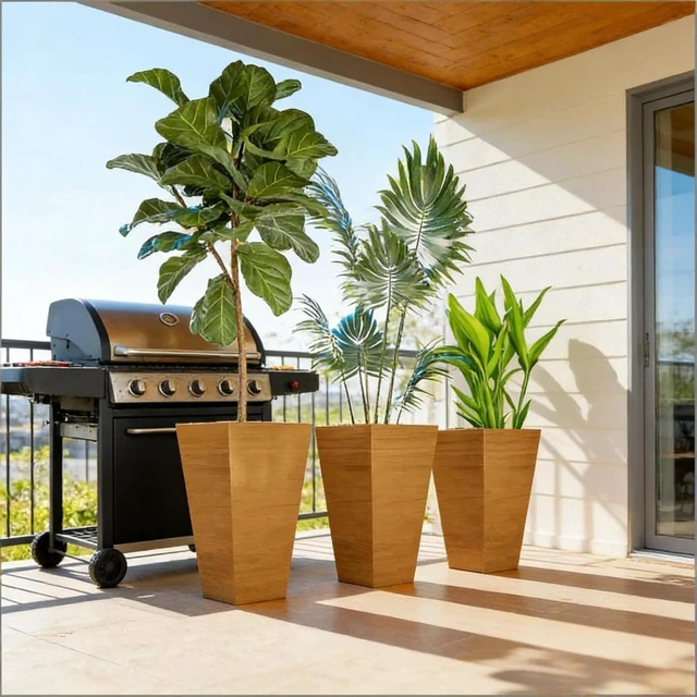 Alt view image 3 of 7 - Hassyee 3 Pieces Classic Planter Set with Faux Wood Look for Growing Flowers, Plants, Outdoor Tall Flower Pots with Drainage Holes and Plastic Frame for Backyard, Porch, Lawn