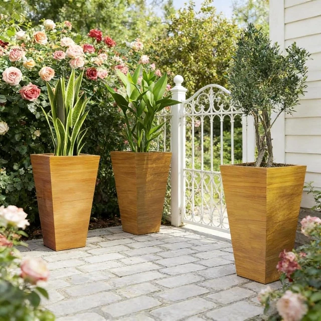 Main image of Hassyee 3 Pieces Classic Planter Set with Faux Wood Look for Growing Flowers, Plants, Outdoor Tall Flower Pots with Drainage Holes and Plastic Frame for Backyard, Porch, Lawn