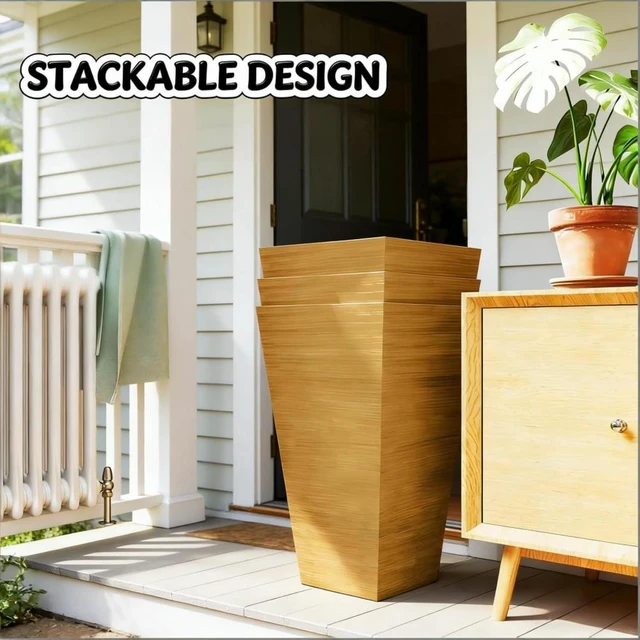 Alt view image 4 of 7 - Hassyee 3 Pieces Classic Planter Set with Faux Wood Look for Growing Flowers, Plants, Outdoor Tall Flower Pots with Drainage Holes and Plastic Frame for Backyard, Porch, Lawn