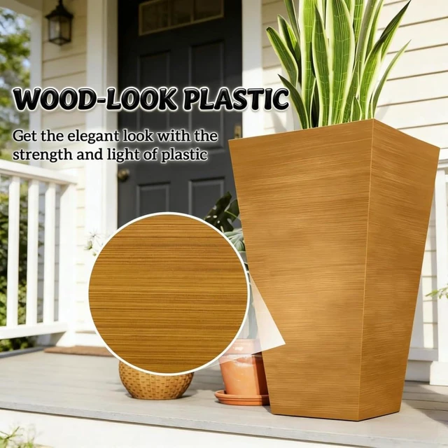 Alt view image 6 of 7 - Hassyee 3 Pieces Classic Planter Set with Faux Wood Look for Growing Flowers, Plants, Outdoor Tall Flower Pots with Drainage Holes and Plastic Frame for Backyard, Porch, Lawn