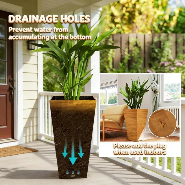 Alt view image 7 of 7 - Hassyee 3 Pieces Classic Planter Set with Faux Wood Look for Growing Flowers, Plants, Outdoor Tall Flower Pots with Drainage Holes and Plastic Frame for Backyard, Porch, Lawn