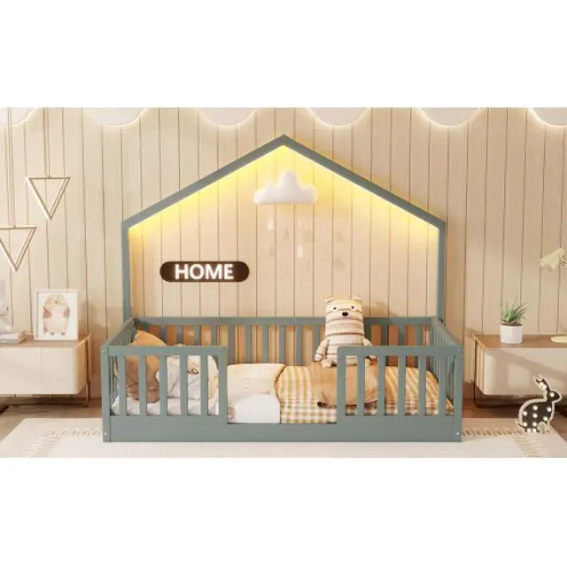 Alt view image 4 of 7 - Hassyee Twin/Full Size Wooden Montessori Bed with LED Light and Safety Guardrail, House Floor Bed with Slats Support for Boys Girls Nursery Bedroom Playroom, No Box Spring Needed (Grey Twin)
