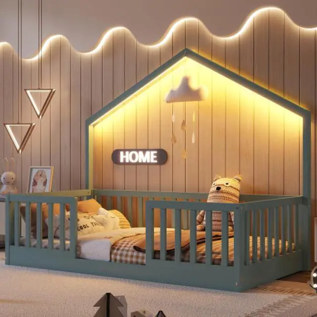 Alt view image 3 of 7 - Hassyee Twin/Full Size Wooden Montessori Bed with LED Light and Safety Guardrail, House Floor Bed with Slats Support for Boys Girls Nursery Bedroom Playroom, No Box Spring Needed (Grey Twin)
