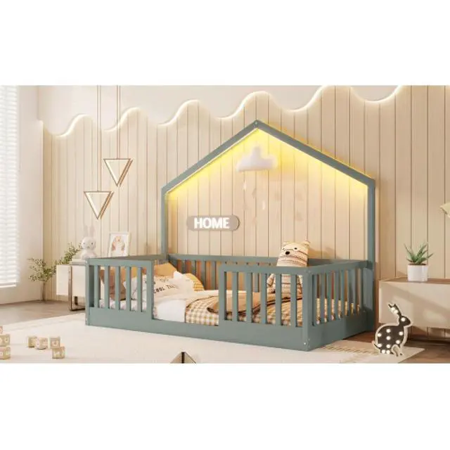 Alt view image 5 of 7 - Hassyee Twin/Full Size Wooden Montessori Bed with LED Light and Safety Guardrail, House Floor Bed with Slats Support for Boys Girls Nursery Bedroom Playroom, No Box Spring Needed (Grey Twin)