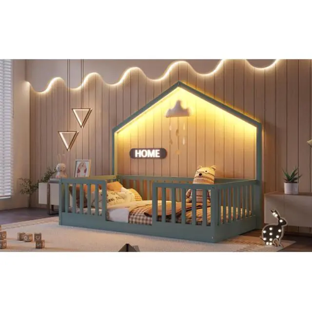 Alt view image 6 of 7 - Hassyee Twin/Full Size Wooden Montessori Bed with LED Light and Safety Guardrail, House Floor Bed with Slats Support for Boys Girls Nursery Bedroom Playroom, No Box Spring Needed (Grey Twin)