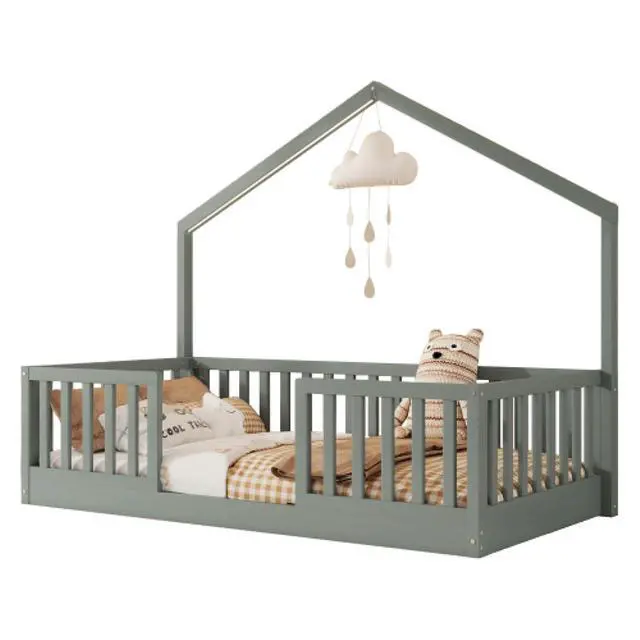 Alt view image 7 of 7 - Hassyee Twin/Full Size Wooden Montessori Bed with LED Light and Safety Guardrail, House Floor Bed with Slats Support for Boys Girls Nursery Bedroom Playroom, No Box Spring Needed (Grey Twin)