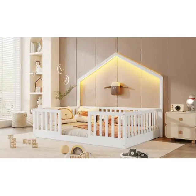 Alt view image 4 of 7 - Hassyee Twin/Full Size Wooden Montessori Bed with LED Light and Safety Guardrail, House Floor Bed with Slats Support for Boys Girls Nursery Bedroom Playroom, No Box Spring Needed (White Full)