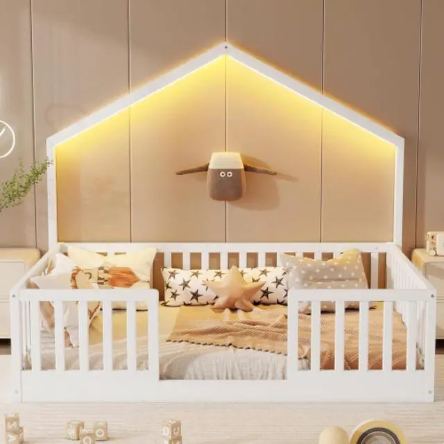 Alt view image 3 of 7 - Hassyee Twin/Full Size Wooden Montessori Bed with LED Light and Safety Guardrail, House Floor Bed with Slats Support for Boys Girls Nursery Bedroom Playroom, No Box Spring Needed (White Full)