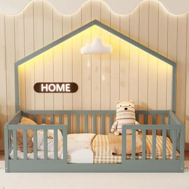 Alt view image 2 of 7 - Hassyee Twin/Full Size Wooden Montessori Bed with LED Light and Safety Guardrail, House Floor Bed with Slats Support for Boys Girls Nursery Bedroom Playroom, No Box Spring Needed (Grey Twin)