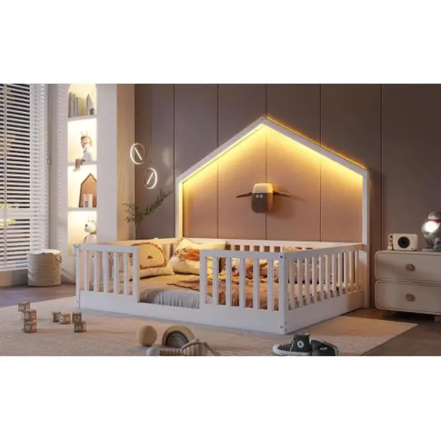 Alt view image 5 of 7 - Hassyee Twin/Full Size Wooden Montessori Bed with LED Light and Safety Guardrail, House Floor Bed with Slats Support for Boys Girls Nursery Bedroom Playroom, No Box Spring Needed (White Full)