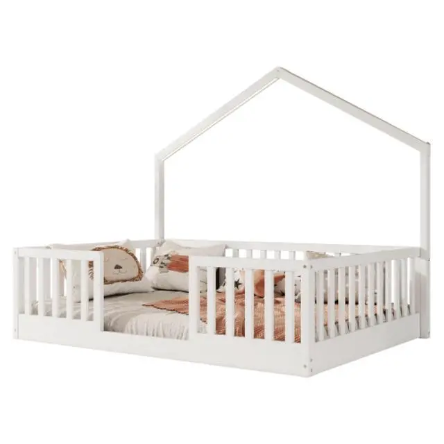 Alt view image 7 of 7 - Hassyee Twin/Full Size Wooden Montessori Bed with LED Light and Safety Guardrail, House Floor Bed with Slats Support for Boys Girls Nursery Bedroom Playroom, No Box Spring Needed (White Full)