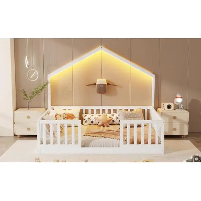 Alt view image 6 of 7 - Hassyee Twin/Full Size Wooden Montessori Bed with LED Light and Safety Guardrail, House Floor Bed with Slats Support for Boys Girls Nursery Bedroom Playroom, No Box Spring Needed (White Full)