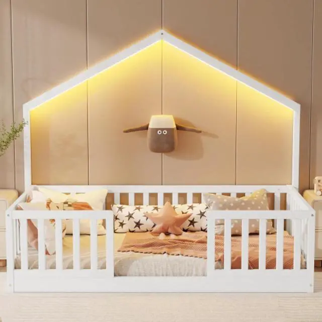 Alt view image 3 of 7 - Hassyee Twin/Full Size Wooden Montessori Bed with LED Light and Safety Guardrail, House Floor Bed with Slats Support for Boys Girls Nursery Bedroom Playroom, No Box Spring Needed (White Twin)